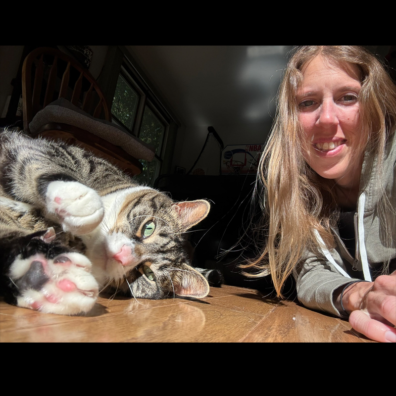 Regina playing with a curious tabby cat indoors