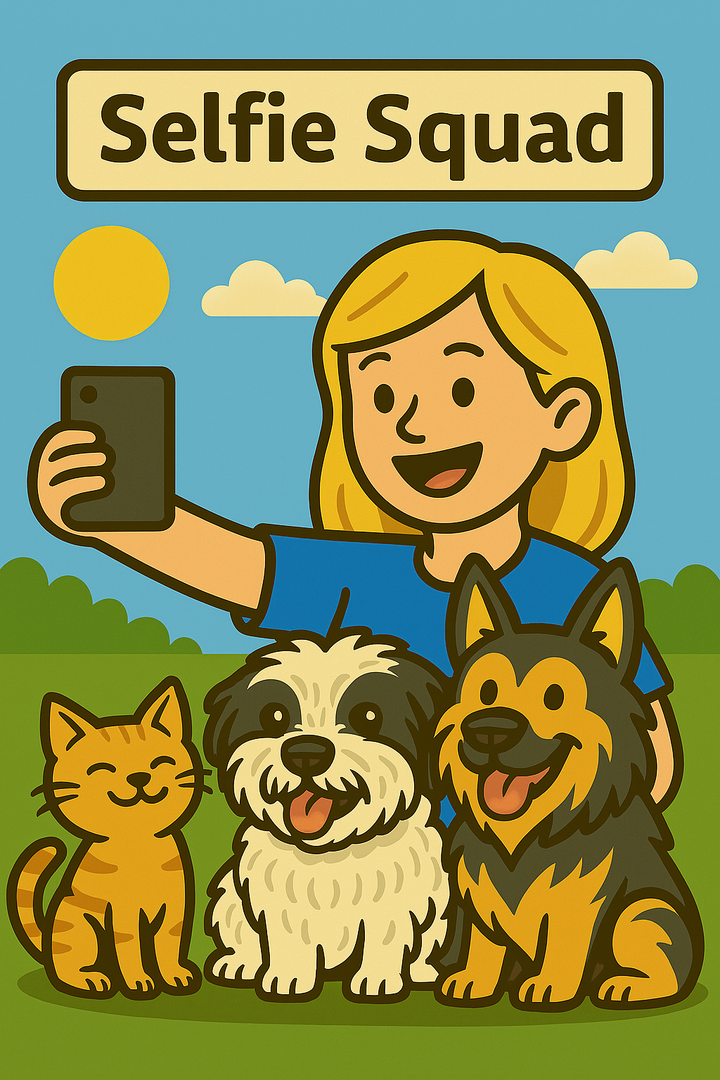 Cartoon of Regina with pets
